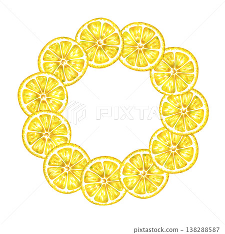 Watercolor lemon slices wreath frame, hand drawn citrus fruit border isolated on white background. Watercolor lemon slices wreath frame, hand drawn citrus fruit border isolated on white background. 138288587