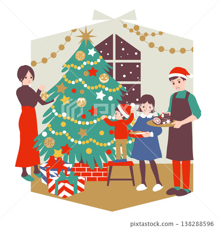 季節性家庭插畫（十二月）：一家人正在裝飾聖誕樹。 138288596