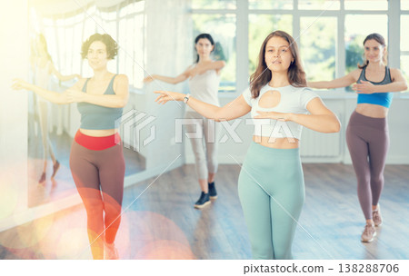 During dance lesson, girls practice and memorize movements to perform slow classical waltz dance. During dance lesson, girls practice and memorize movements to perform slow classical waltz dance. 138288706