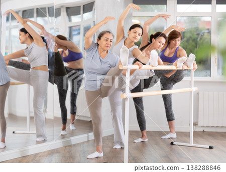 Ballet pose grand batman - women of different ages at choreography lesson Ballet pose grand batman - women of different ages at choreography lesson 138288846