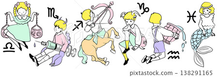 Vector illustrations of the 12 zodiac signs personified: Libra, Scorpio, Sagittarius, Capricorn, Aquarius, and U Vector illustrations of the 12 zodiac signs personified: Libra, Scorpio, Sagittarius, Capricorn, Aquarius, and U 138291165