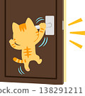 A tabby cat hanging from the doorknob to open the door. 138291211