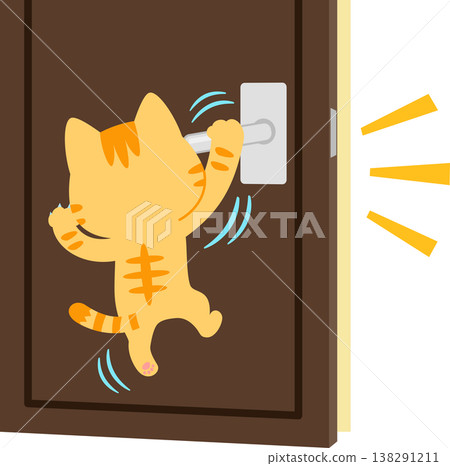 A tabby cat hanging from the doorknob to open the door. A tabby cat hanging from the doorknob to open the door. 138291211