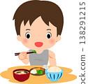 A muscular man eating a meal of rice, pickles, and miso soup. 138291215