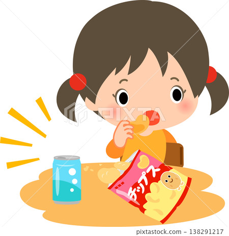 A girl eating potato chips with a sloppy attitude. A girl eating potato chips with a sloppy attitude. 138291217