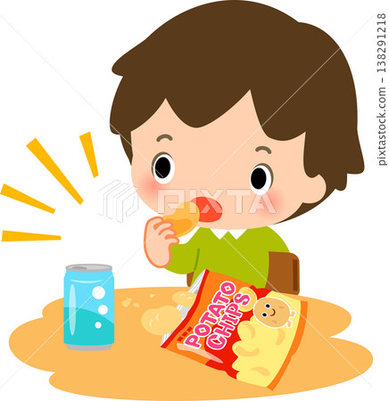 A boy eating potato chips with a sloppy attitude. A boy eating potato chips with a sloppy attitude. 138291218