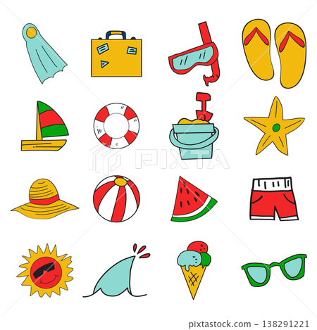 Colorful Summer Vacation Hand Drawn Icon Set 138291221