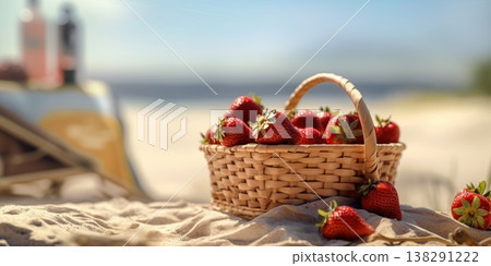 Strawberry on basket summer beach holiday background. AI Generated 138291222