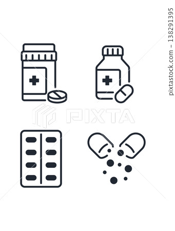 Medicine Bottles Capsules and Blister Pack Icons Stock Illustration. Medicine Bottles Capsules and Blister Pack Icons Stock Illustration. 138291395