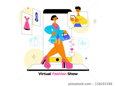 Virtual Fashion Show Vector Illustration Featuring Online Runway Models, Digital Clothing Presentation, Social Media Streaming and Modern Style Event Virtual Fashion Show Vector Illustration Featuring Online Runway Models, Digital Clothing Presentation, Social Media Streaming and Modern Style Event 138291398