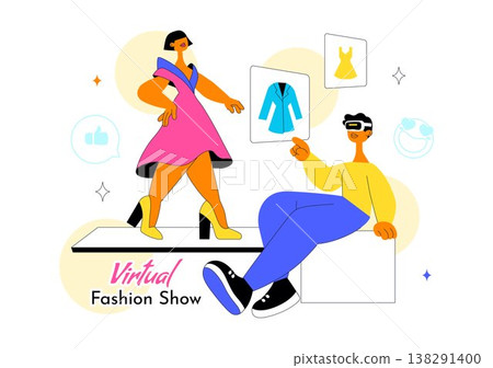 Virtual Fashion Show Vector Illustration Featuring Online Runway Models, Digital Clothing Presentation, Social Media Streaming and Modern Style Event Virtual Fashion Show Vector Illustration Featuring Online Runway Models, Digital Clothing Presentation, Social Media Streaming and Modern Style Event 138291400