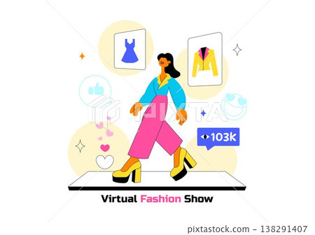 Virtual Fashion Show Vector Illustration Featuring Online Runway Models, Digital Clothing Presentation, Social Media Streaming and Modern Style Event Virtual Fashion Show Vector Illustration Featuring Online Runway Models, Digital Clothing Presentation, Social Media Streaming and Modern Style Event 138291407