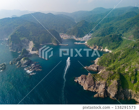 Drone footage of the port town of Nakagi Port, where the Hirizo Beach ferry departs and arrives. Hirizo Beach, Nakagi, Minamiizu Town, Shizuoka Prefecture, Izu Peninsula - 2025 138291573