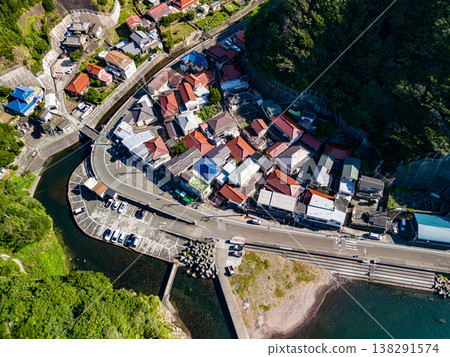 Drone footage of the port town of Nakagi Port, where the Hirizo Beach ferry departs and arrives. Hirizo Beach, Nakagi, Minamiizu Town, Shizuoka Prefecture, Izu Peninsula - 2025 138291574