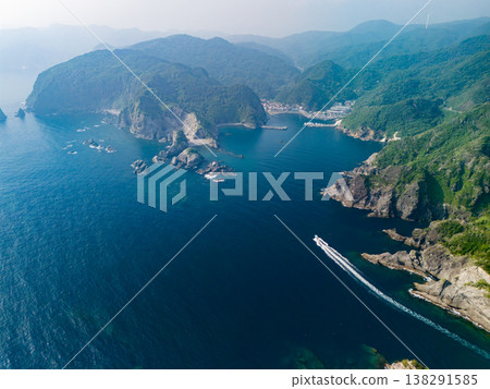 Drone footage of the port town of Nakagi Port, where the Hirizo Beach ferry departs and arrives. Hirizo Beach, Nakagi, Minamiizu Town, Shizuoka Prefecture, Izu Peninsula - 2025 138291585