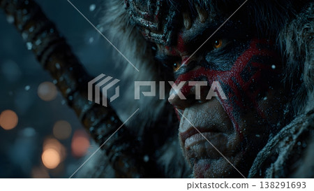 Close-up of a fierce warrior with face paint, wearing fur, in a snowy winter environment. 138291693