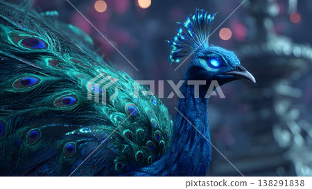 Close-up of a majestic peacock with luminous blue eyes and vibrant, iridescent plumage in a magical, dimly lit setting. 138291838