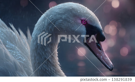 Close-up of a majestic white swan with striking pink eyes, set against a bokeh background of soft lights. 138291839