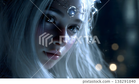 Close-up portrait of a beautiful ethereal woman with white hair and icy makeup, embodying a winter fantasy. 138291840