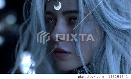 Close-up portrait of a mystical woman with flowing silver hair and a crescent moon headdress, exuding an ethereal aura. 138291841