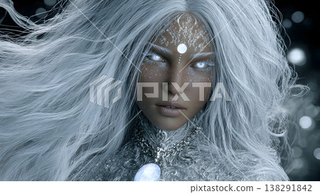 Close-up portrait of a mystical snow queen with glowing eyes and intricate facial markings, embodying winter's magic. 138291842