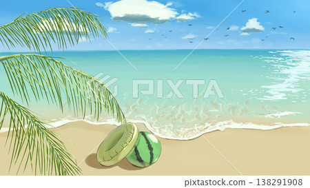 A hand-drawn scene of a dazzling, glittering summer beach, featuring palm leaves, seagulls, a watermelon-patterned beach ball, and a lifebuoy. 138291908