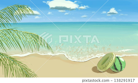 A hand-drawn summer beach scene featuring palm leaves, seagulls, a watermelon-patterned beach ball, and a lifebuoy. A hand-drawn summer beach scene featuring palm leaves, seagulls, a watermelon-patterned beach ball, and a lifebuoy. 138291917