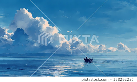 藍色的海平線,積雨雲,船隻,夏季背景水彩插圖 藍色的海平線,積雨雲,船隻,夏季背景水彩插圖 138292255