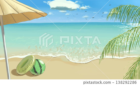 A hand-drawn scene of a summer beach with seagulls soaring in the blue sky, strong sunlight, and water toys lying around. A hand-drawn scene of a summer beach with seagulls soaring in the blue sky, strong sunlight, and water toys lying around. 138292286