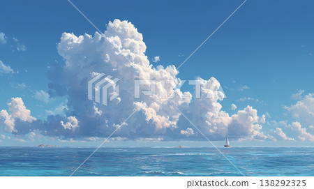 Blue ocean horizon, cumulonimbus clouds, ship, summer background, hand-drawn style illustration 138292325