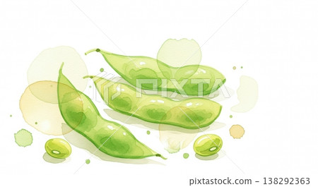 一幅柔和的水彩插畫，描繪了新鮮多汁的毛豆。天然的蔬菜材質，觸感輕柔。 138292363