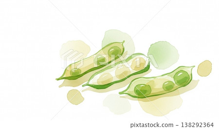 一幅柔和的水彩插畫，描繪了新鮮多汁的毛豆。天然的蔬菜材質，觸感輕柔。 138292364