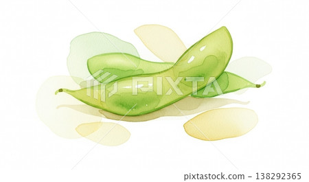 一幅柔和的水彩插畫，描繪了新鮮多汁的毛豆。天然的蔬菜材質，觸感輕柔。 138292365