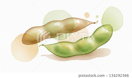 一幅柔和的水彩插畫，描繪了新鮮多汁的毛豆。天然的蔬菜材質，觸感輕柔。 138292366