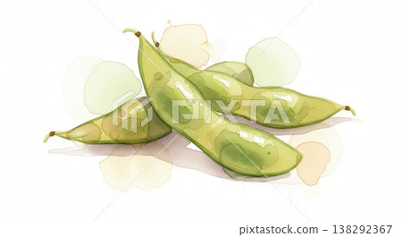 一幅柔和的水彩插畫，描繪了新鮮多汁的毛豆。天然的蔬菜材質，觸感輕柔。 138292367