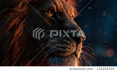Close-up profile of a majestic lion with a fierce gaze, illuminated by golden hour light against a dark, moody background. Close-up profile of a majestic lion with a fierce gaze, illuminated by golden hour light against a dark, moody background. 138292419