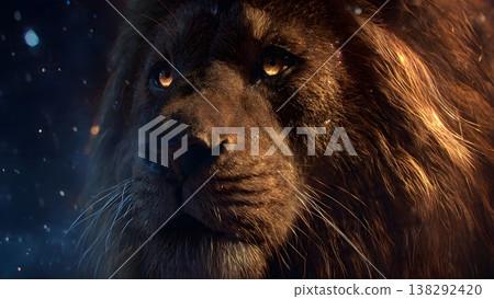 Close-up portrait of a majestic lion, showcasing its fierce gaze, golden eyes, and detailed dark mane. 138292420