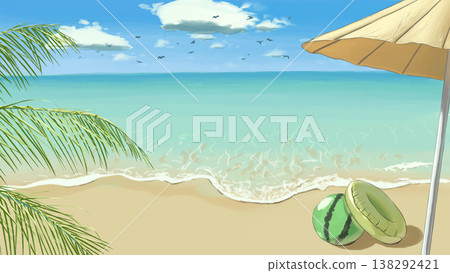 一幅手繪的夏日海灘場景，海鷗在藍天中翱翔，周圍散落著水上玩具。 138292421