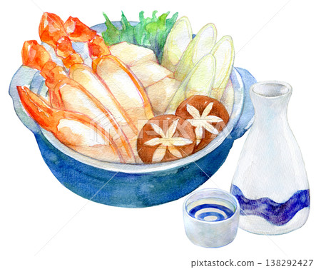 水彩插畫，手繪插畫，火鍋菜餚和熱清酒，螃蟹火鍋 138292427