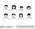 A set of simple, hand-drawn illustrations of children and adults with black hair. 138292456