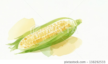 一幅柔和的水彩插畫，描繪了新鮮多汁的玉米；一幅筆觸溫柔的自然蔬菜圖。 138292533