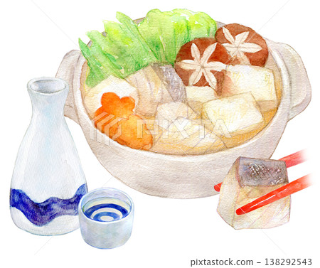 水彩插畫,手繪插畫,火鍋菜餚和熱清酒,鱈魚火鍋 水彩插畫,手繪插畫,火鍋菜餚和熱清酒,鱈魚火鍋 138292543