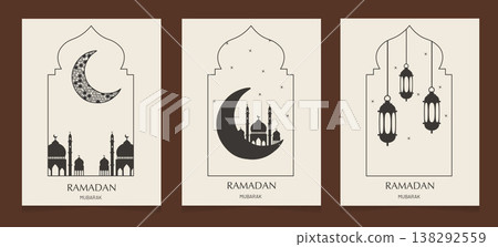 Ramadan reflections with elegant monochrome lanterns and mosque outlines. Vector illustration Ramadan reflections with elegant monochrome lanterns and mosque outlines. Vector illustration 138292559
