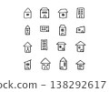 A simple and compact hand-drawn icon set (line art) of houses and buildings with windows. 138292617