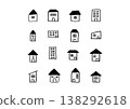 A simple and compact hand-drawn icon set of houses and buildings with black roofs. 138292618