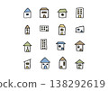 A simple and compact hand-drawn icon set of houses and buildings with windows (in natural colors). 138292619