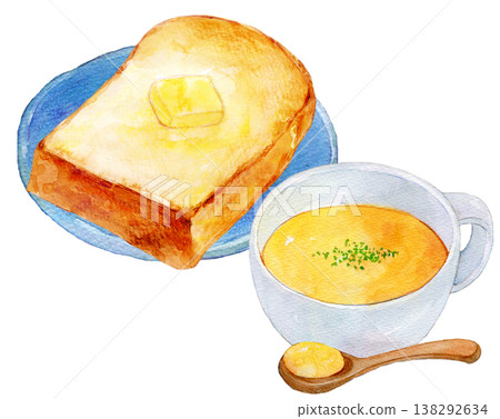 Watercolor illustration, hand-drawn illustration, bread and soup set 138292634