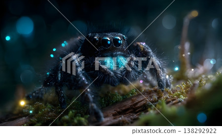 Close-up macro of a jumping spider with glowing blue eyes and body, surrounded by magical bokeh lights. 138292922