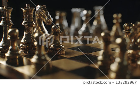 Close-up of a luxury chess set with golden pieces and transparent pieces on a dark board. 138292967
