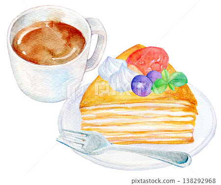 水彩插畫，手繪插畫，千層蛋糕和飲料套裝。 138292968